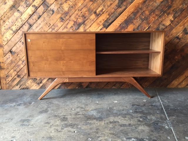 Mid Century Style Custom Walnut Sculpted Base Credenza with shelves only