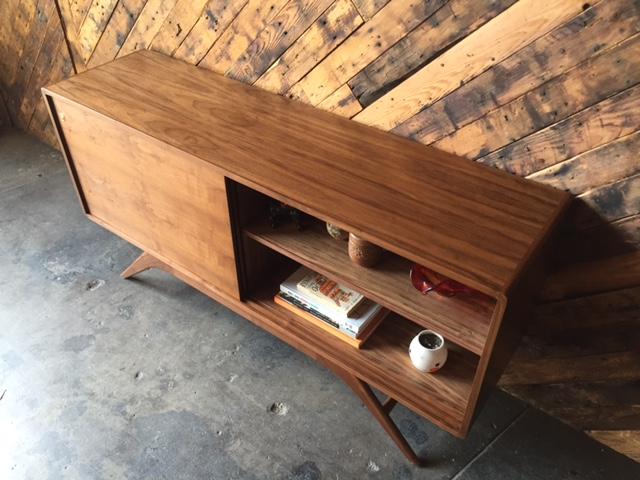 Mid Century Style Custom Walnut Sculpted Base Credenza with shelves only