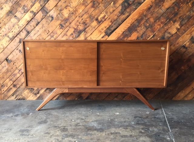 Mid Century Style Custom Walnut Sculpted Base Credenza with shelves only