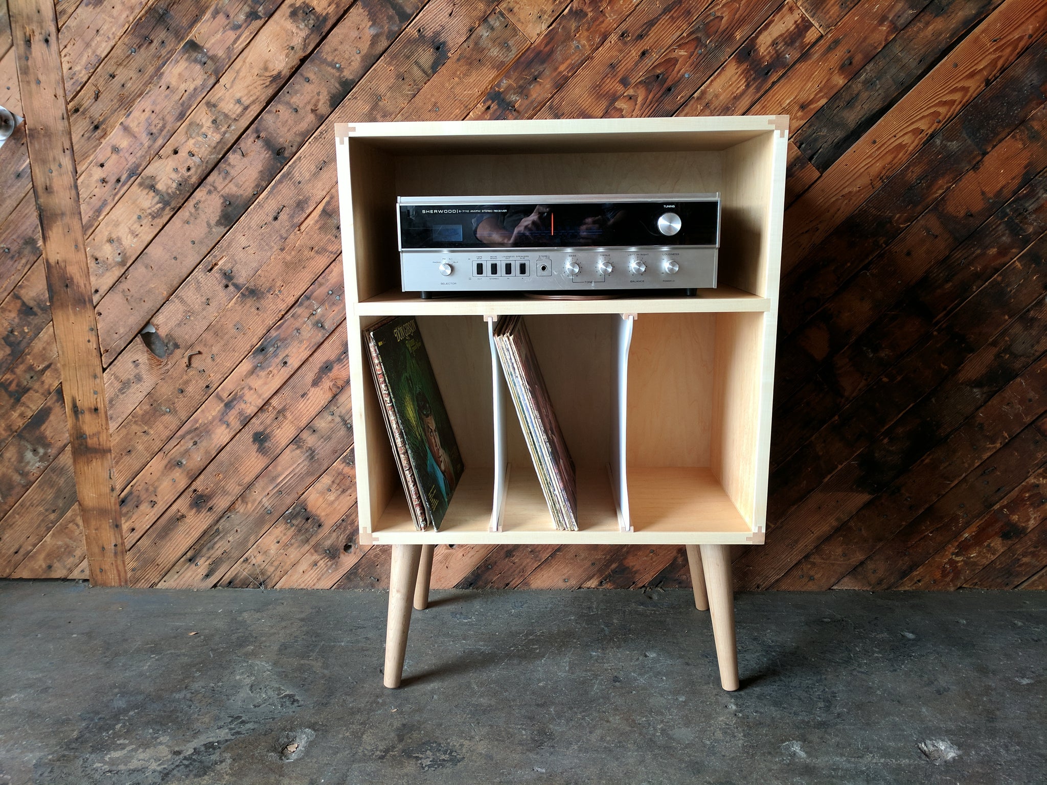 MID CENTURY STYLE MINI CREDENZA RECORD STAND IN MAPLE with media bay