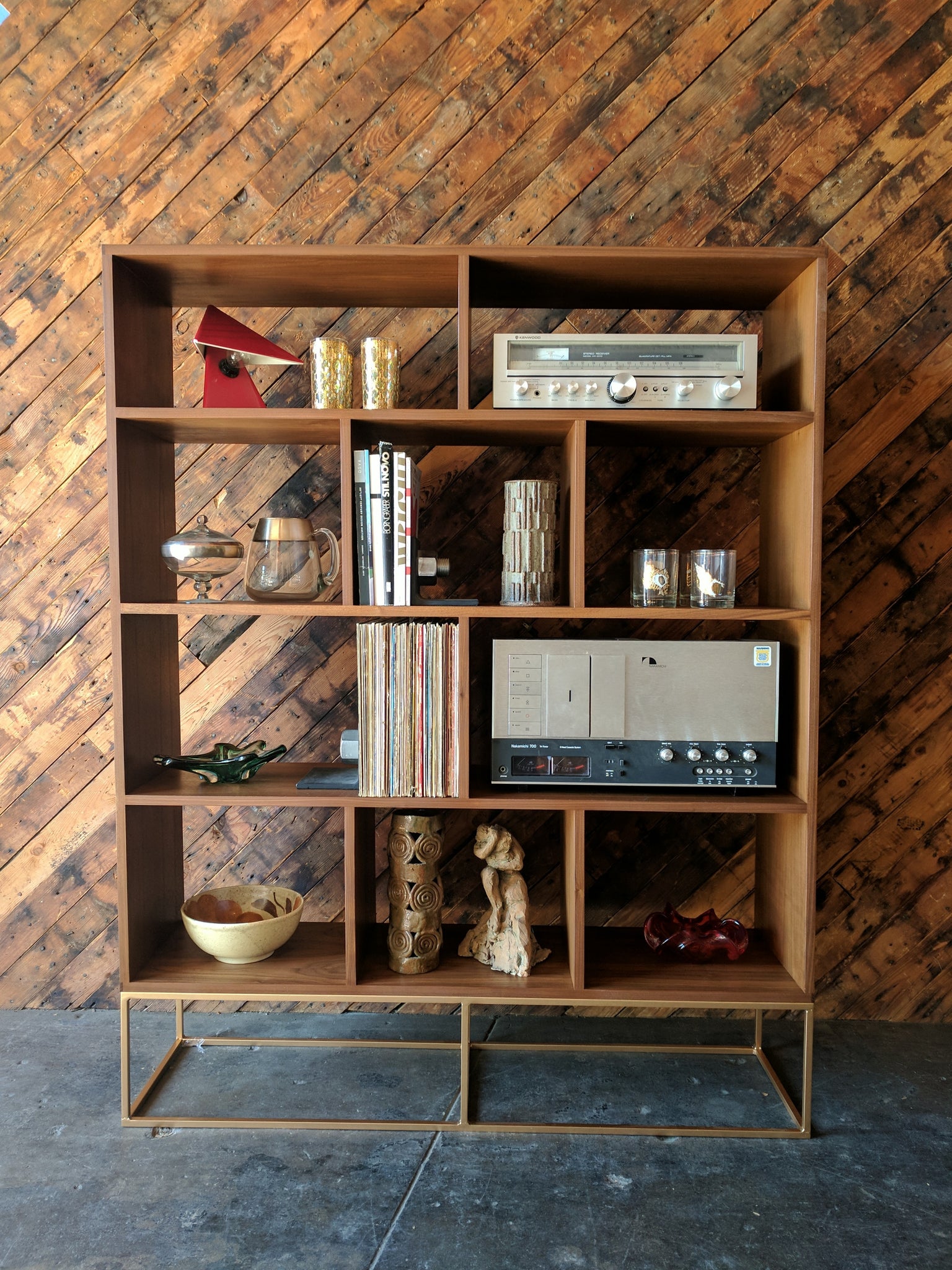 Custom Walnut Book/Record shelf with Brass Colored Metal Base, Mid Century Style with 10 bays