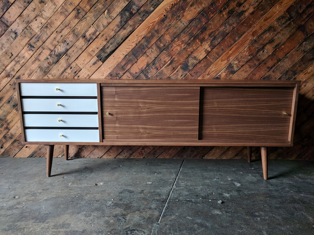 Mid Century Style Custom Credenza with 4 painted drawers, brass knobs and sliding doors