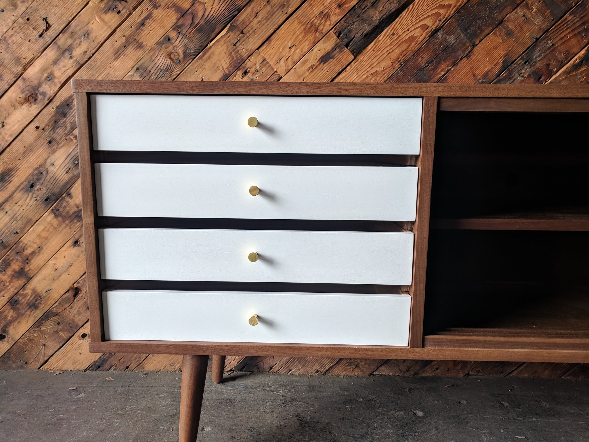 Mid Century Style Custom Credenza with 4 painted drawers, brass knobs and sliding doors