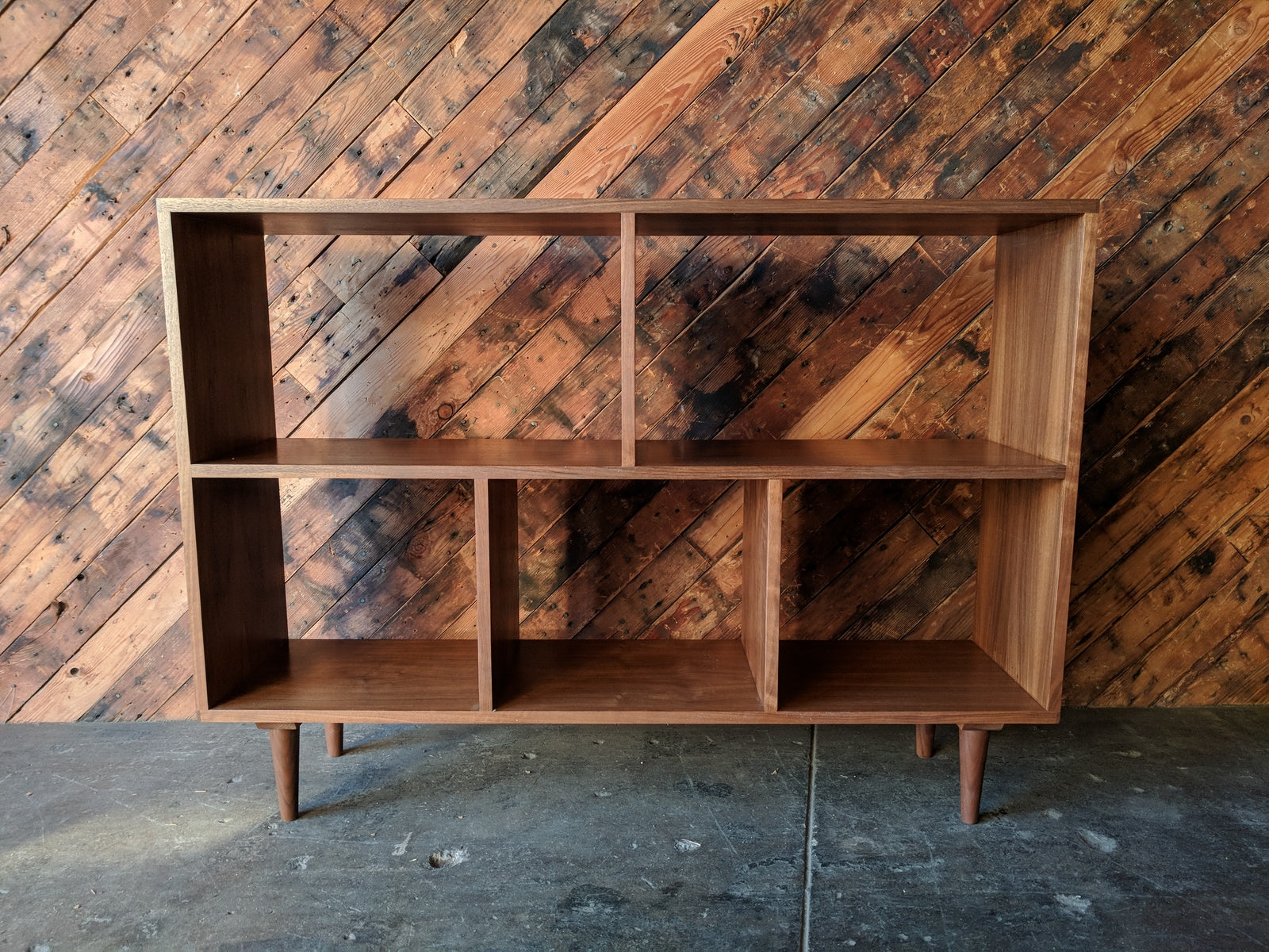 Custom Mid Century Style Walnut Book Record Shelf with 5 bays that fit records