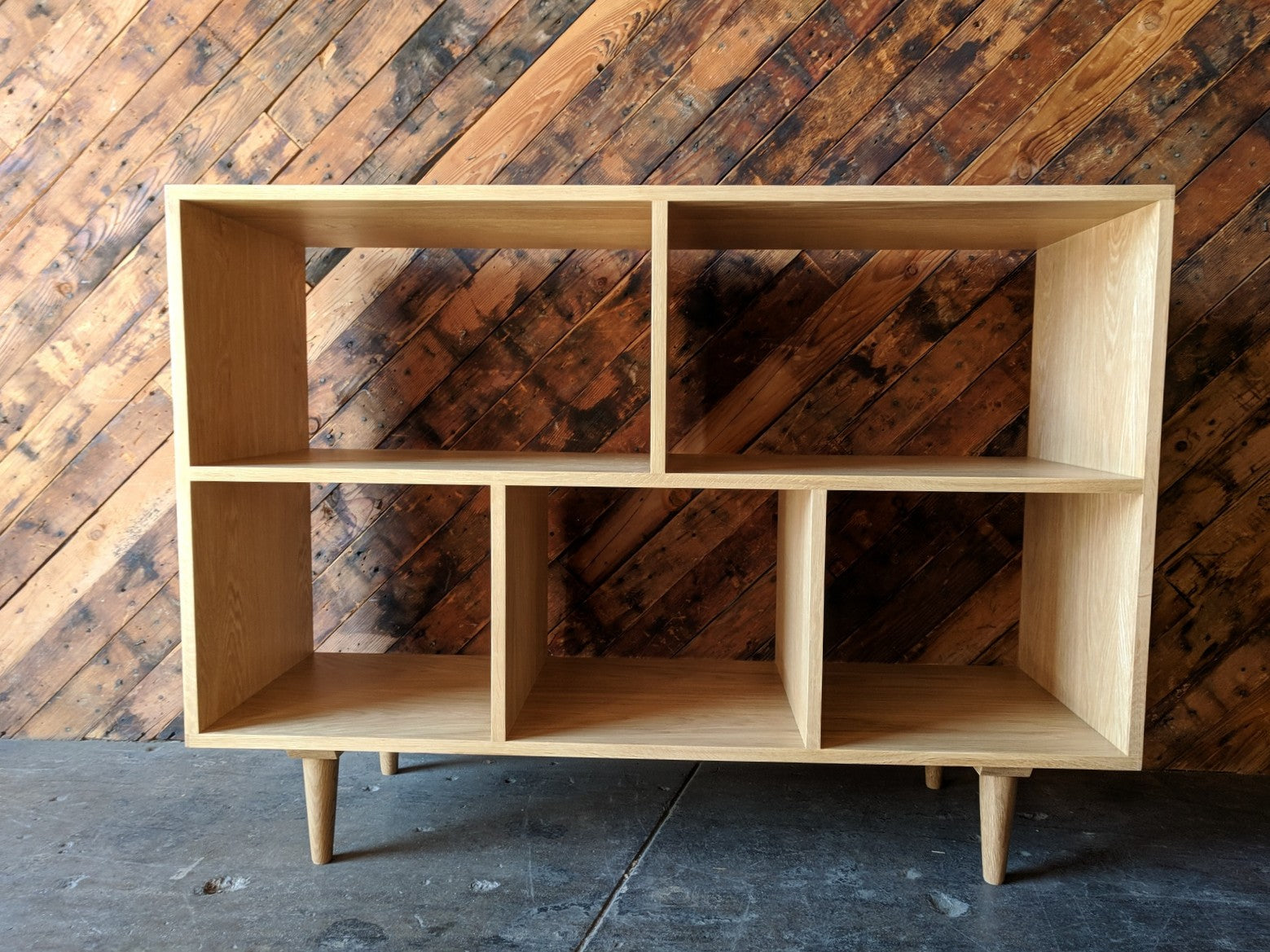 Custom Mid Century Style White Oak Book Record Shelf with 5 bays that fit records