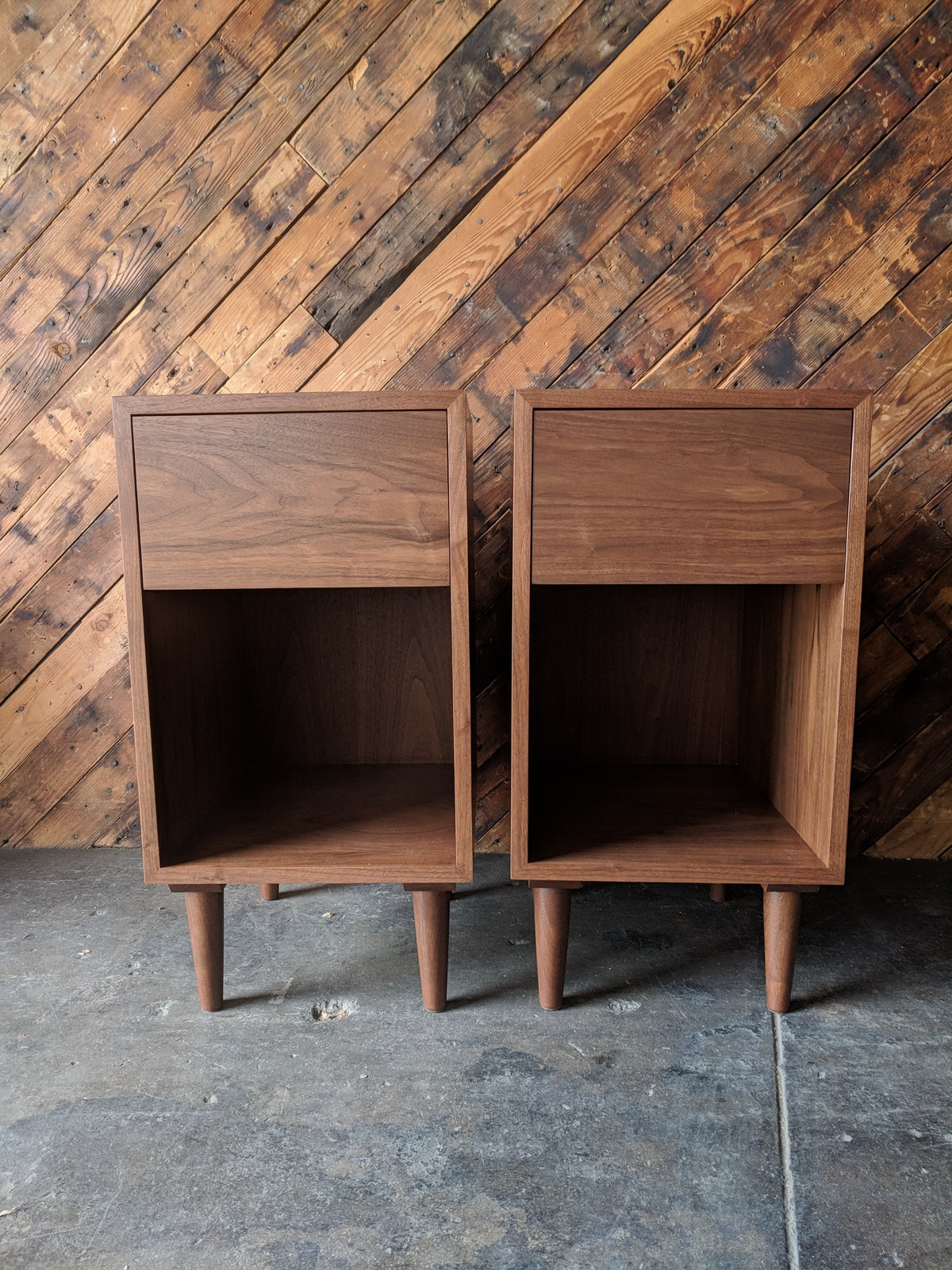 Custom Pair of mid century style night stands, very tall and with large drawer