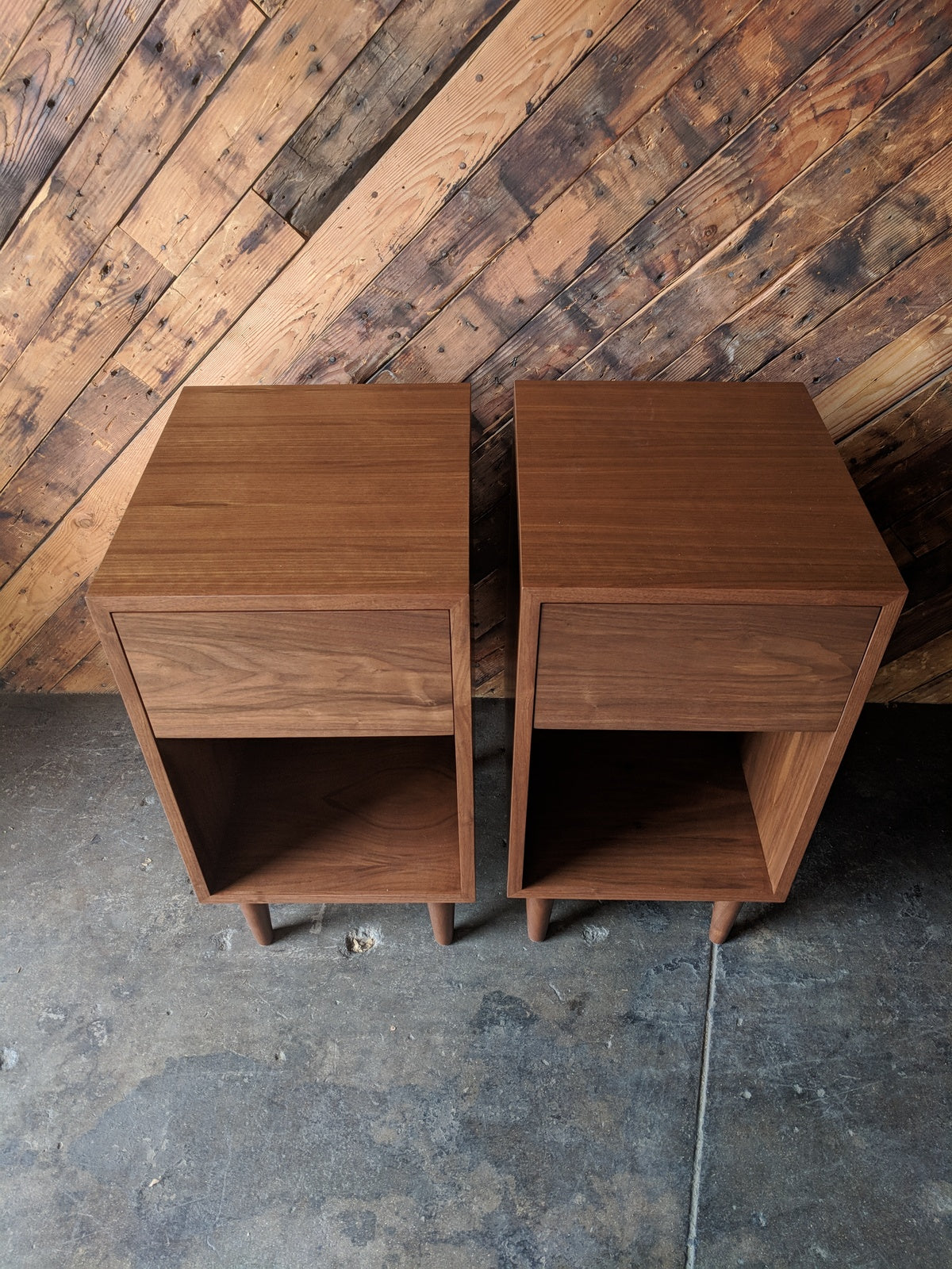 Custom Pair of mid century style night stands, very tall and with large drawer
