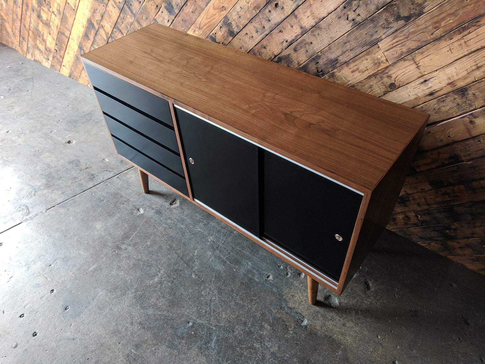 Mid Century Style Custom Small Credenza with 4 drawers and sliding doors