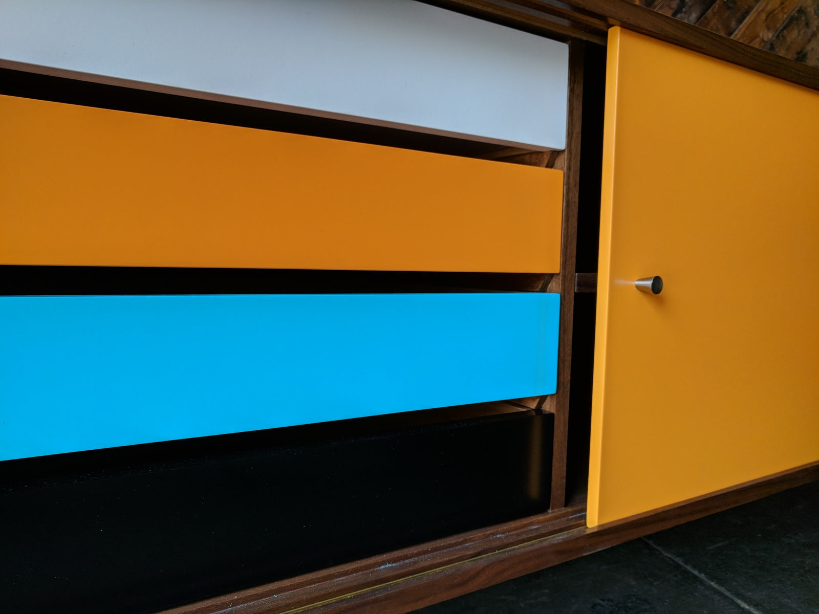 Mid Century Style Custom Walnut Credenza 4 painted drawers and wooden track