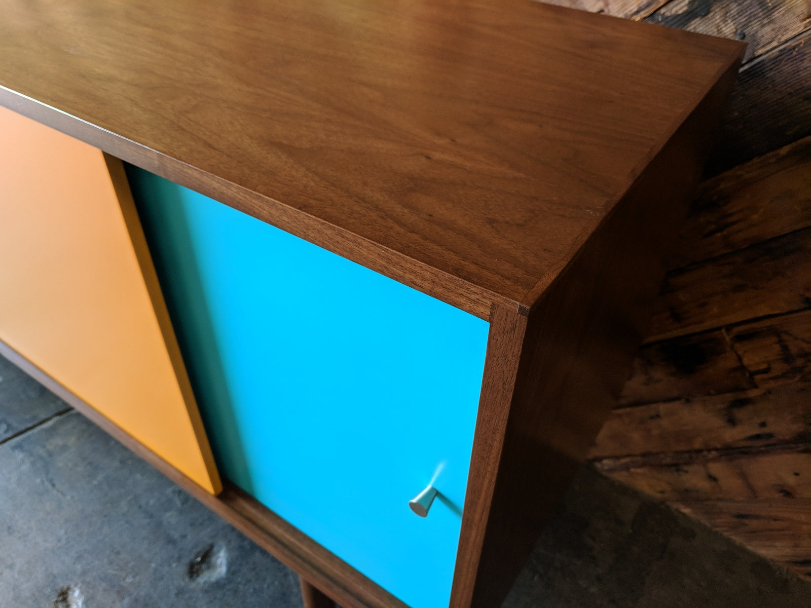 Mid Century Style Custom Walnut Credenza 4 painted drawers and wooden track