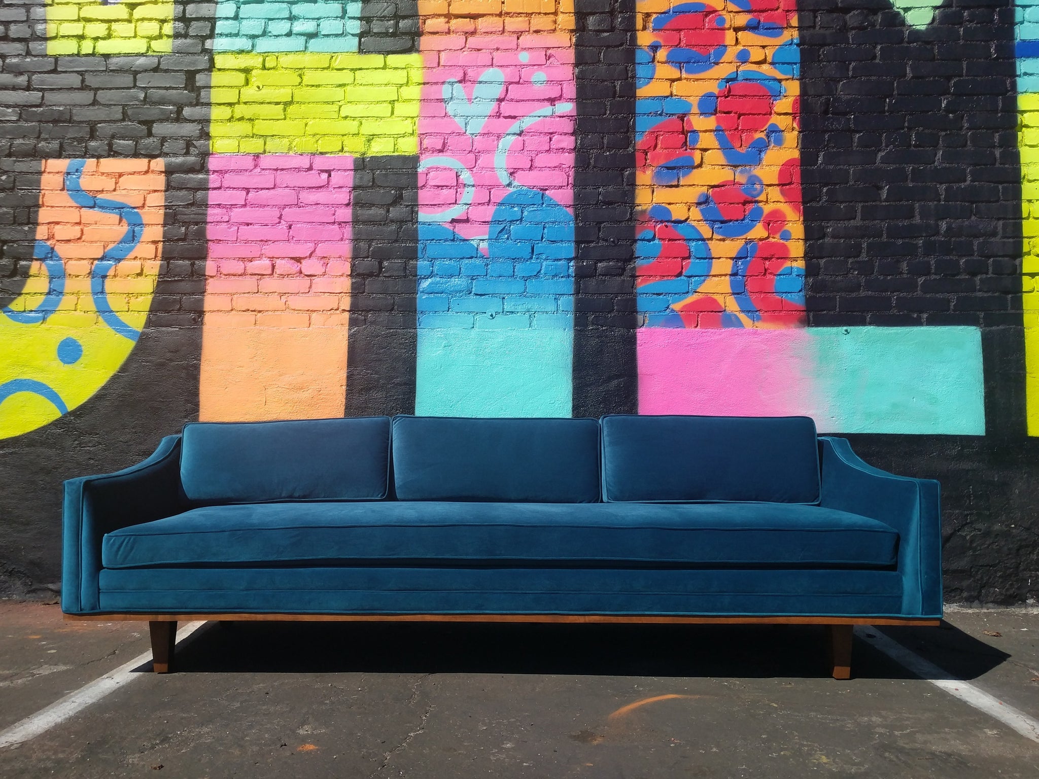 Mid Century Style Blue Velvet Sofa with Walnut Trim