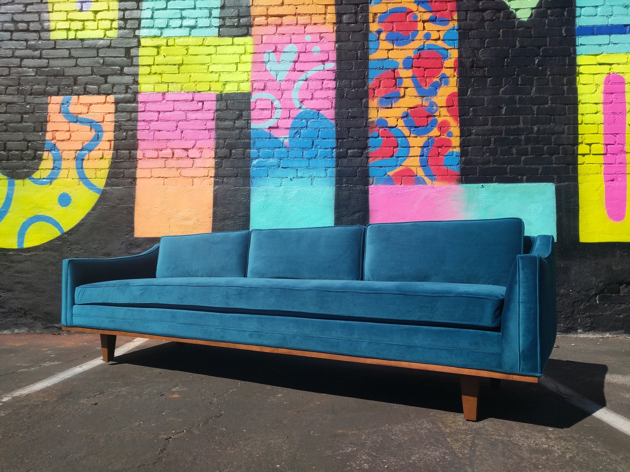 Mid Century Style Blue Velvet Sofa with Walnut Trim – The Hunt Vintage