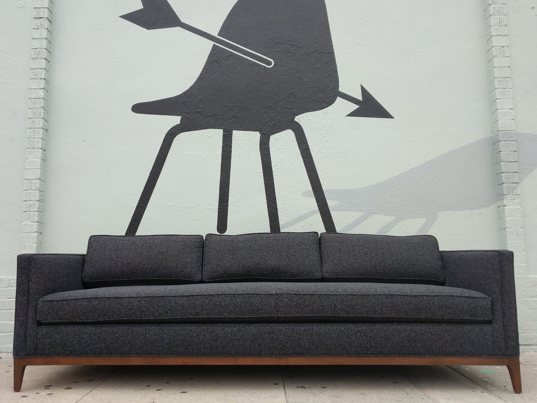 Mid Century Style Custom Sofa In Dark Charcoal Tweed Fabric