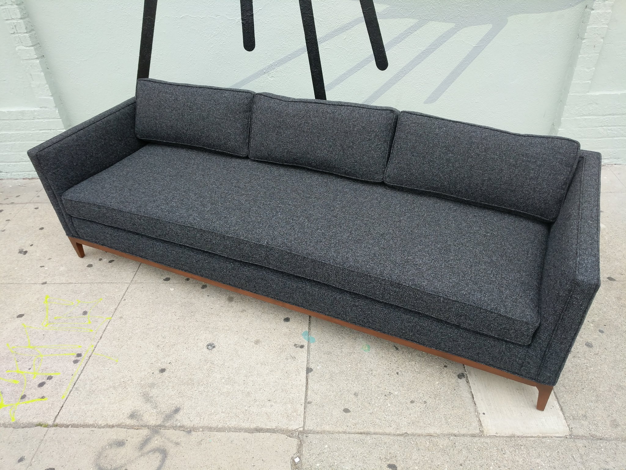 Mid Century Style Custom Sofa In Dark Charcoal Tweed Fabric