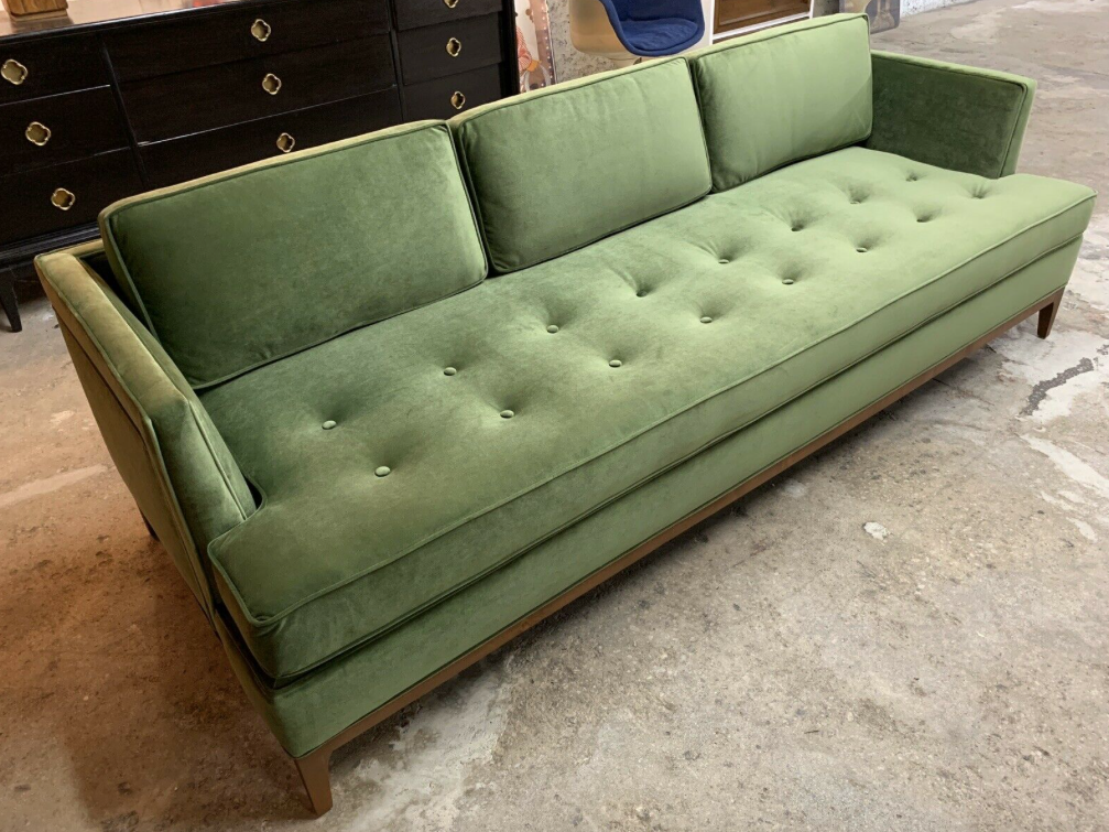 Mid Century Style Custom Sofa in beautiful Green Velvet