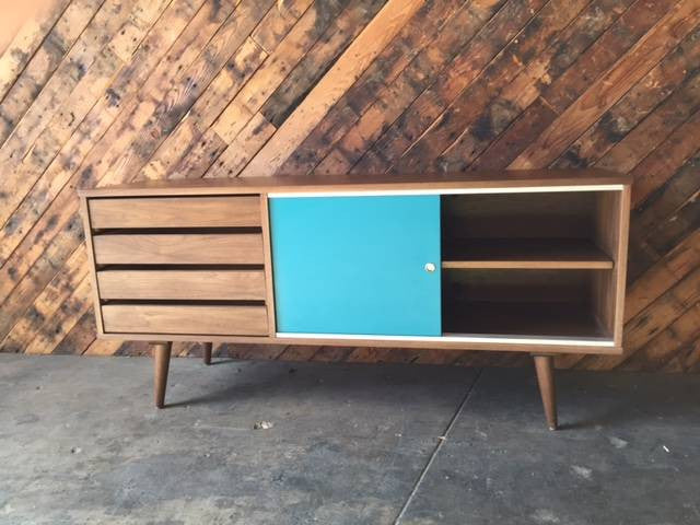 Mid Century Style Custom Small Credenza with 4 drawers and painted doors