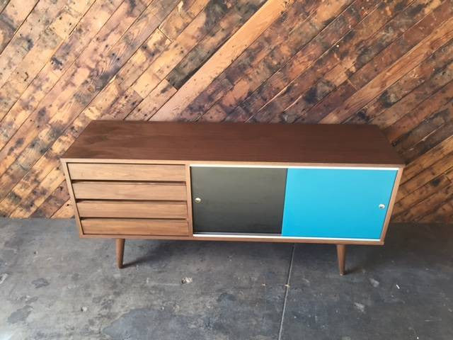 Mid Century Style Custom Small Credenza with 4 drawers and painted doors