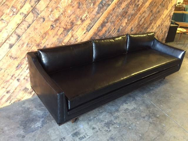 Mid Century Style Black Vinyl Sofa with Walnut Trim