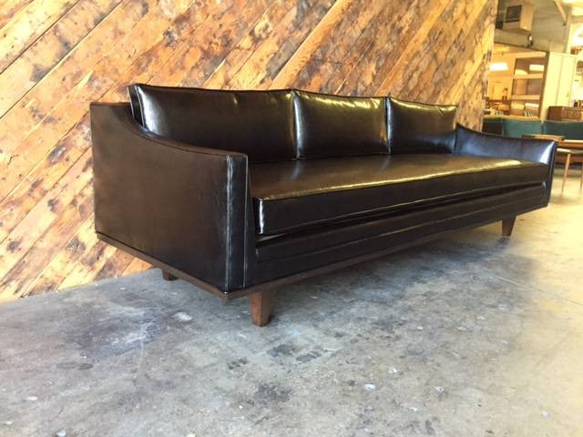 Mid Century Style Black Vinyl Sofa with Walnut Trim