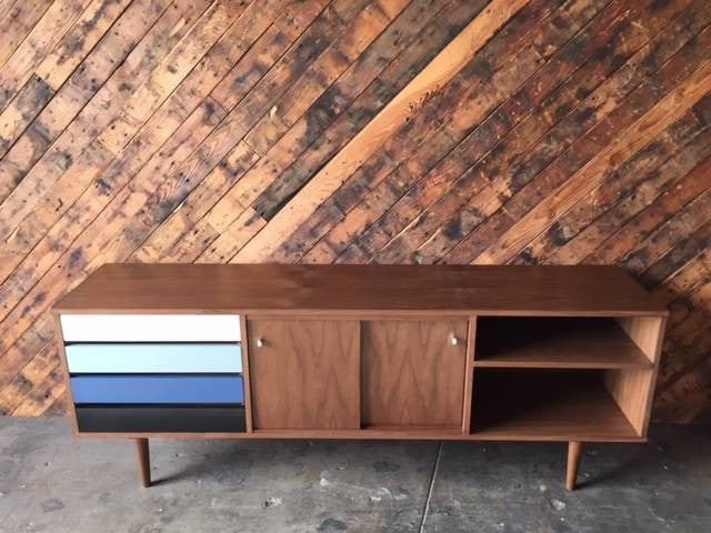 Mid Century Style Custom Walnut Credenza with 3 bays and 4 drawers