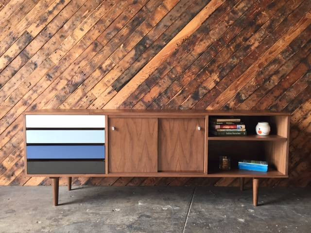 Mid Century Style Custom Walnut Credenza with 3 bays and 4 drawers