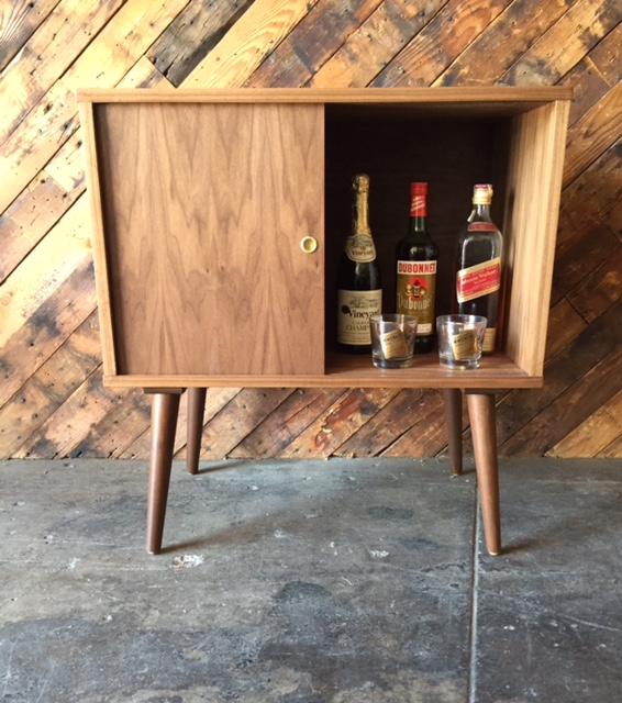 Mid Century Style Custom Walnut Record Bar Cabinet