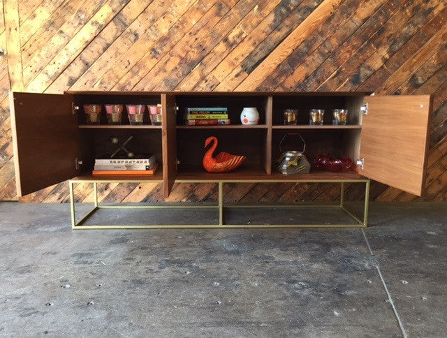 Custom Handmade Walnut Brass Base Credenza, Mid Century Style with swing out doors