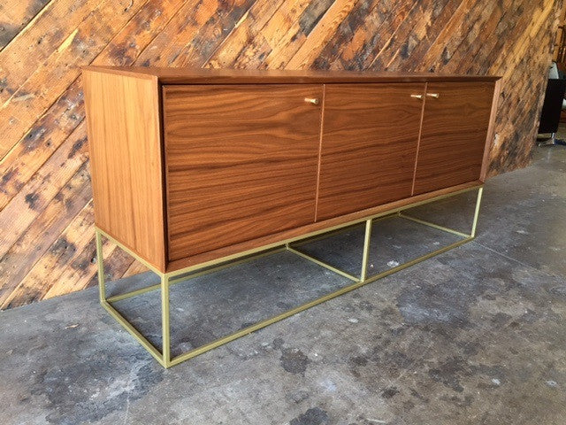 Custom Handmade Walnut Brass Base Credenza, Mid Century Style with swing out doors