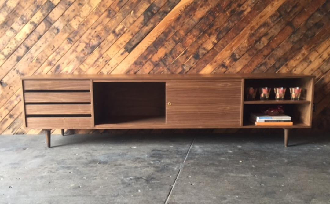Mid Century Style Custom Walnut Credenza with 4 drawers and 2 doors
