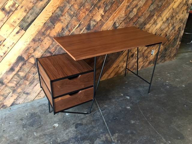 Custom Mid Century Style Walnut Wrought Iron Desk