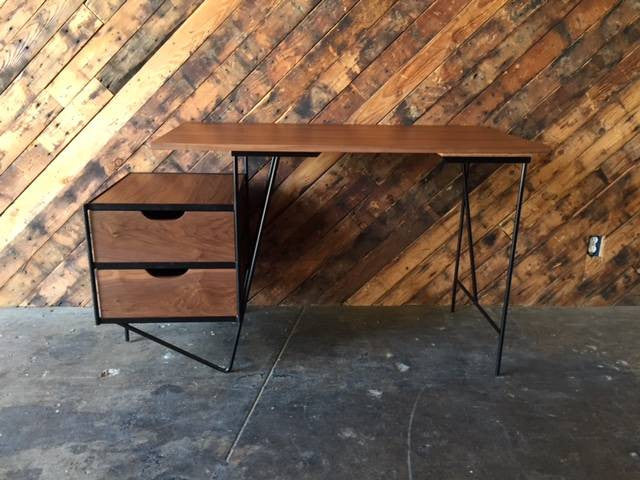 Custom Mid Century Style Walnut Wrought Iron Desk