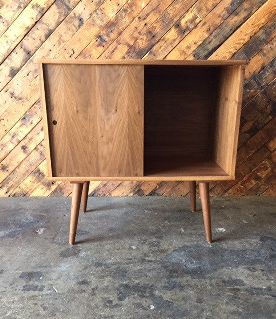 Mid Century Style Custom Walnut Bar Record Cabinet with sliding doors and no shelves