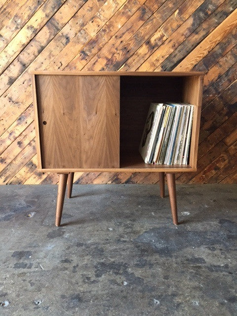 Mid Century Style Custom Walnut Bar Record Cabinet with sliding doors and no shelves