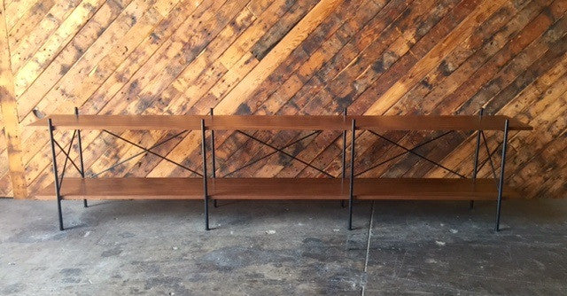 Mid Century Style Walnut Black Wrought Iron Long Shelf with 3 bays