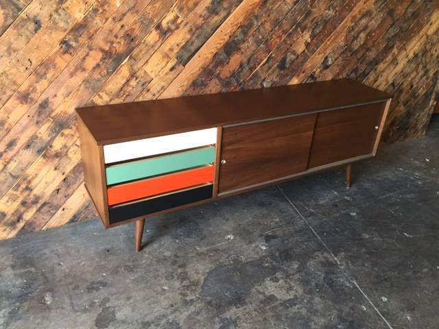 Mid Century Style Custom Walnut Credenza 4 painted drawers and metal track