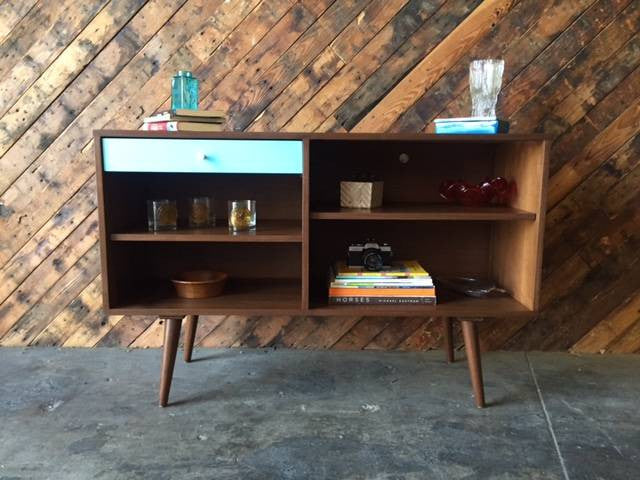 Mid Century Style Custom Blue Drawer Credenza with 1 drawer and open bays