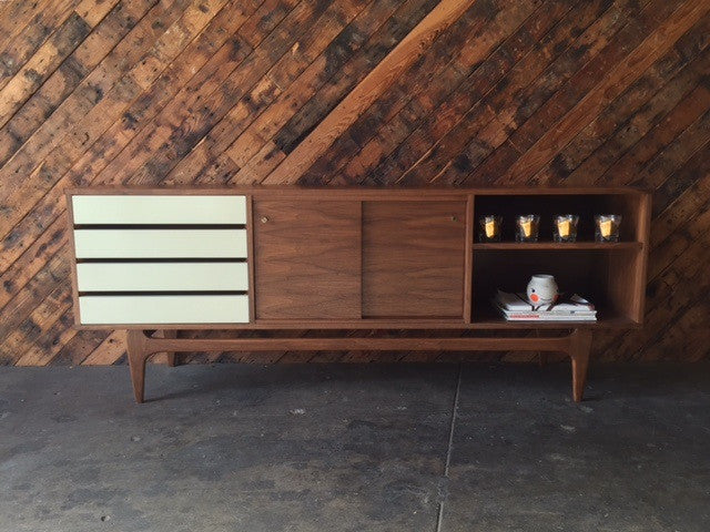 Mid Century Style Custom Walnut Credenza with 4 drawers and 2 doors