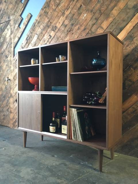 Mid Century Style Custom Walnut Bookcase Shelf Bar/ Dining Hutch