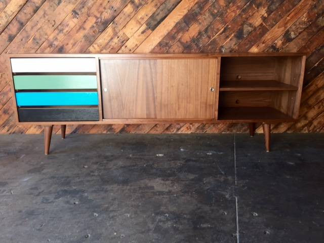 Mid Century Style Custom Walnut Credenza with 4 drawers and sliding doors