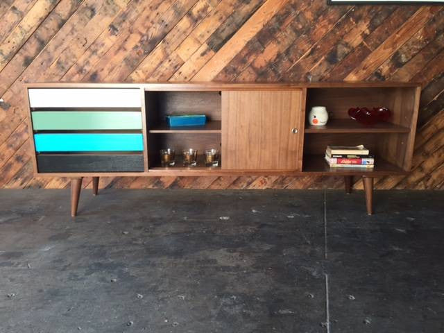 Mid Century Style Custom Walnut Credenza with 4 drawers and sliding doors