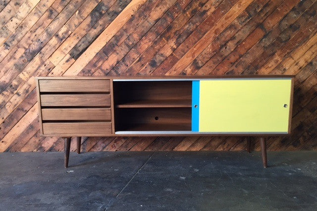 Mid Century Style Custom Walnut Credenza with 4 drawers and 2 painted doors