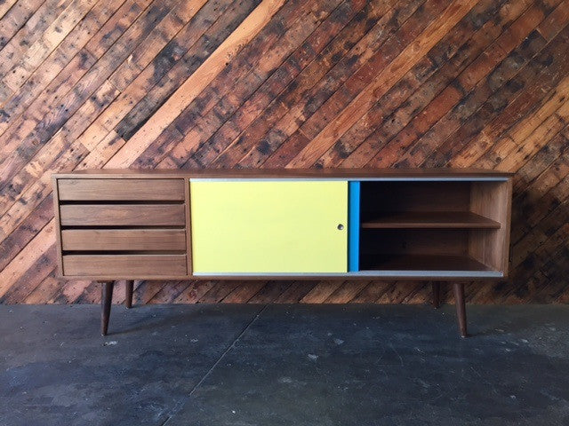 Mid Century Style Custom Walnut Credenza with 4 drawers and 2 painted doors