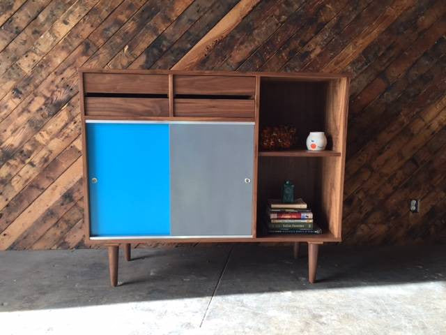 Mid Century Style Custom Walnut Bookcase with doors, drawers and multiple bays