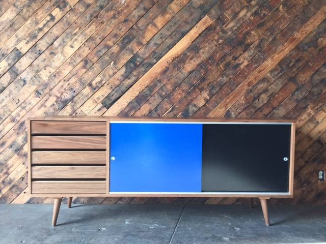 Mid Century Style Custom Blue Black Large Credenza with 5 drawers and sliding doors