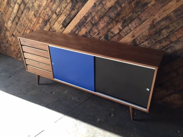 Mid Century Style Custom Blue Black Large Credenza with 5 drawers and sliding doors