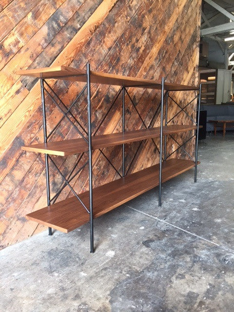 Custom Hand Made Iron Walnut Shelf, Mid Century Style with 4 bays
