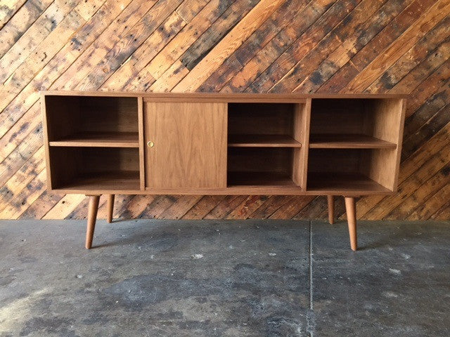 Mid Century Style Custom Walnut Compact Credenza with 3 bays and 2 sliding doors