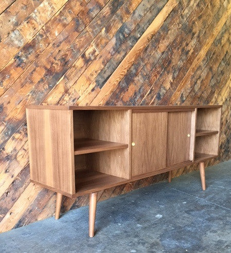 Mid Century Style Custom Walnut Compact Credenza with 3 bays and 2 sliding doors