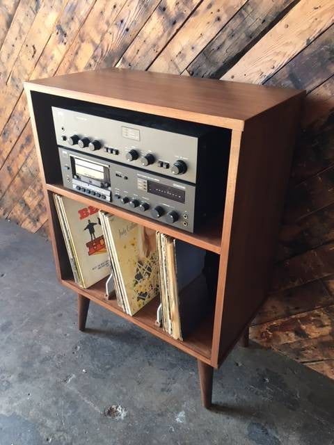 Mid Century Style Mini Credenza Record Stand with 3 record bays and media bay