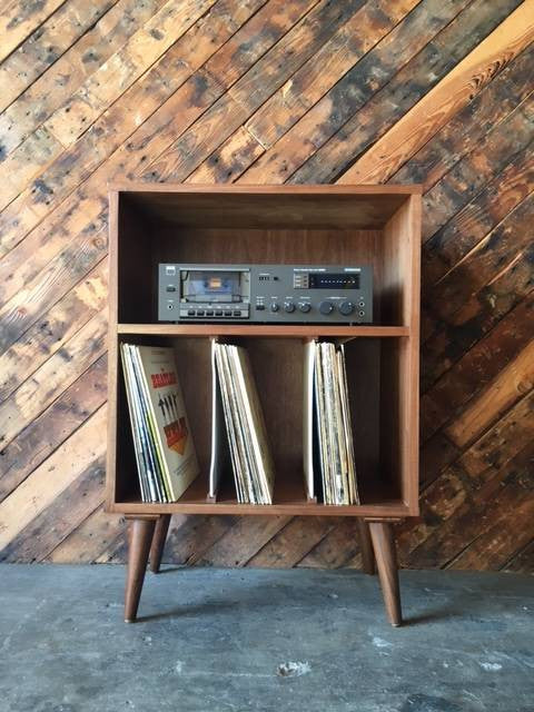Mid Century Style Mini Credenza Record Stand with 3 record bays and media bay